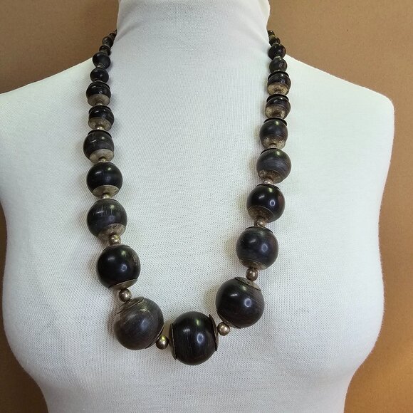 Vintage Chunky Dark Wood & Metal Bead Necklace - Picture 1 of 8